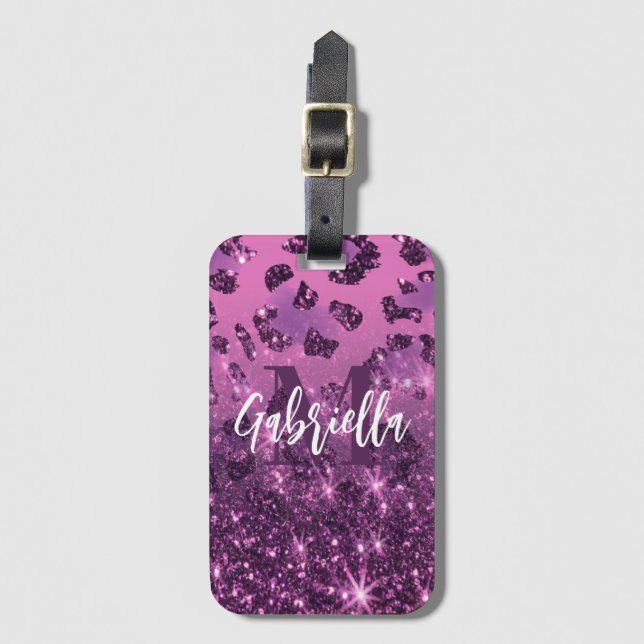 Purple Glitter Leopard Print Luggage Tag (Front Vertical)