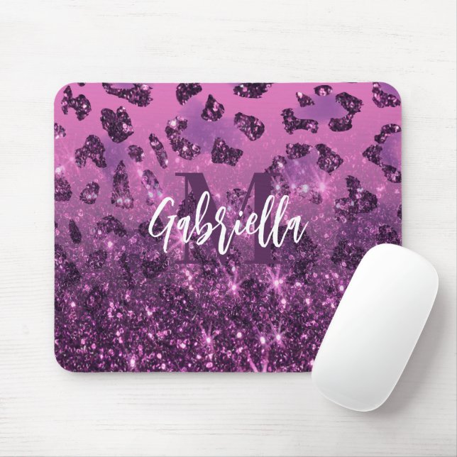 Purple Glitter Leopard Print Mouse Mat (With Mouse)