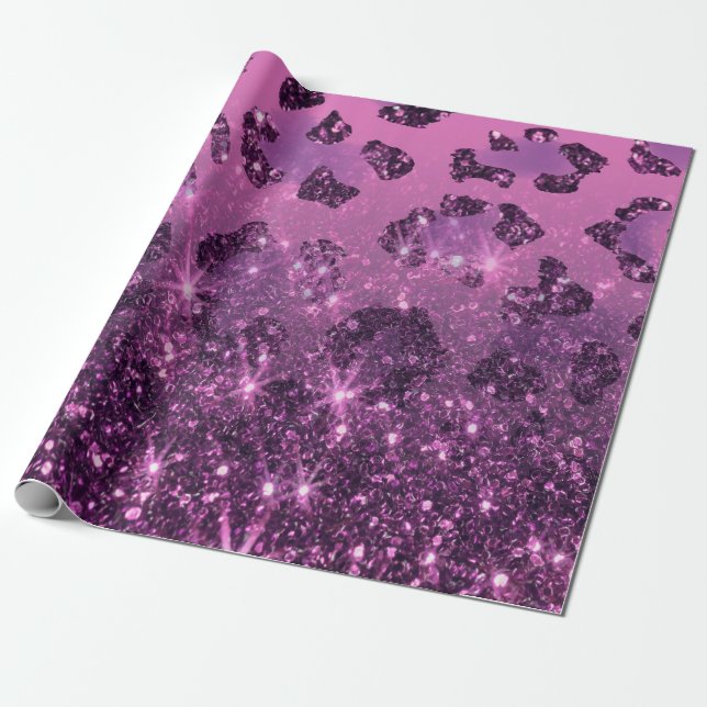 Purple Glitter Leopard Print Wrapping Paper (Unrolled)