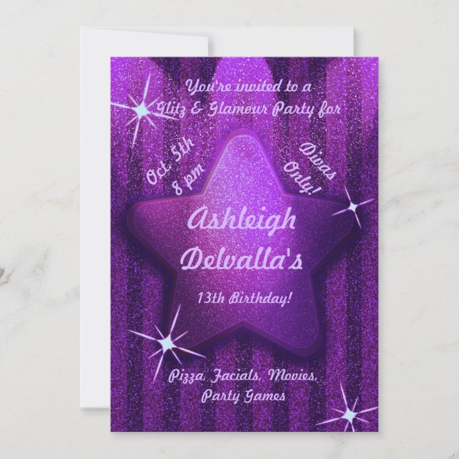 Purple Glitter-Like Birthday Party Invitations (Front)