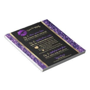 Purple Glitter Lip How to Apply Instruction Sheets Notepad