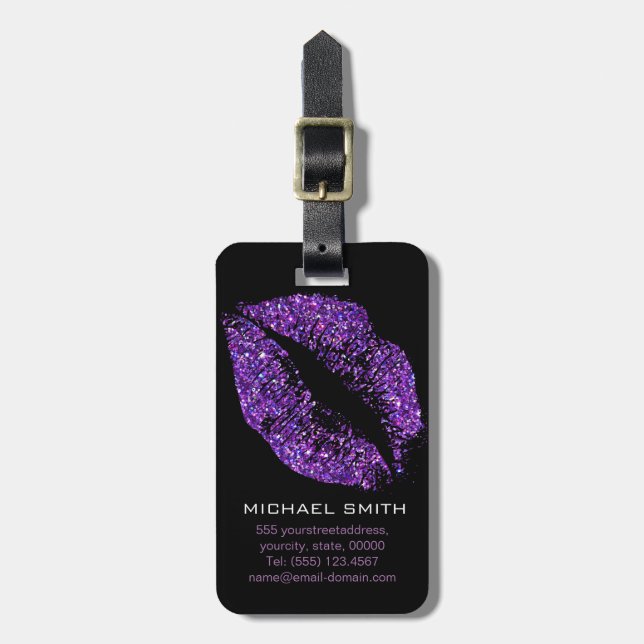 Purple Glitter Lips Luggage Tag (Front Vertical)