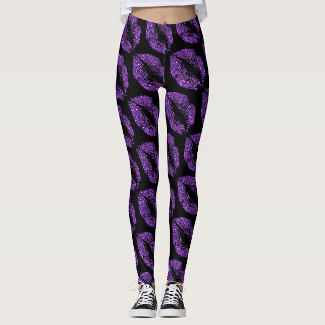 Purple Glitter Lips Modern Black Leggings (Front)