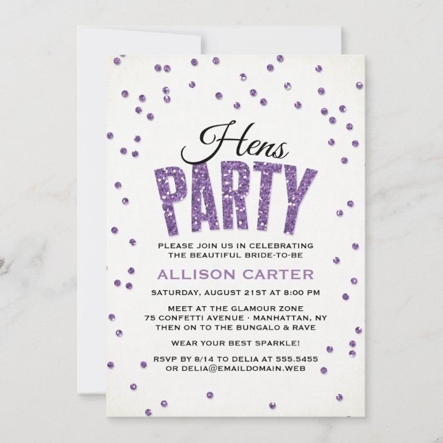 Purple Glitter Look Confetti Hens Party Invitation (Front)