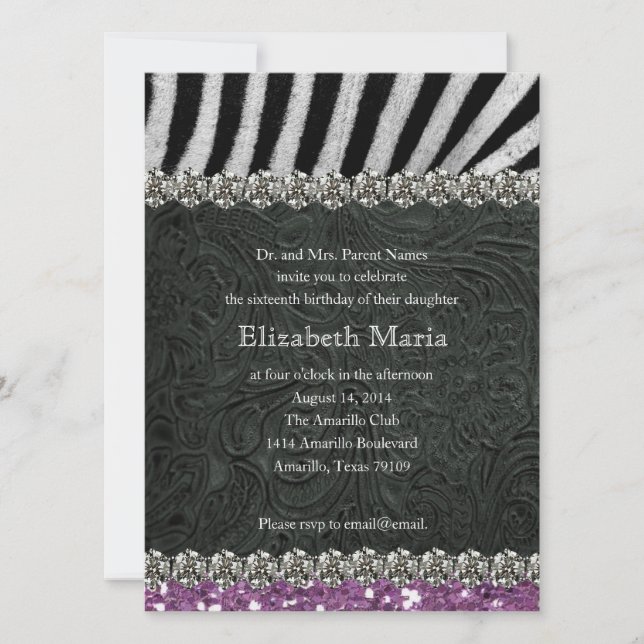 Purple Glitter Look Zebra Sweet Sixteen Invite (Front)