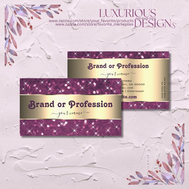 Purple Glitter Luminous Stars Gold Border Popular Business Card (Creator Uploaded)