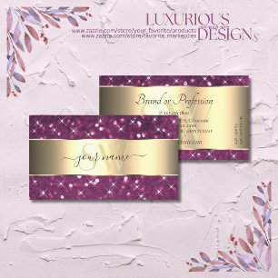 Purple Glitter Luminous Stars Initials Gold Border Business Card