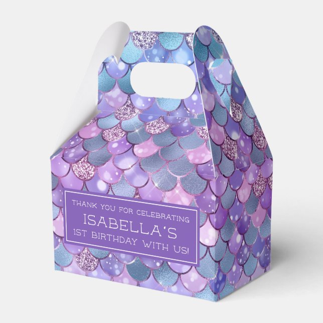 Purple Glitter Mermaid 1st Birthday Party Favour Box (Front Side)