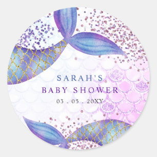 Purple Glitter Mermaid Baby Shower  Classic Round Sticker