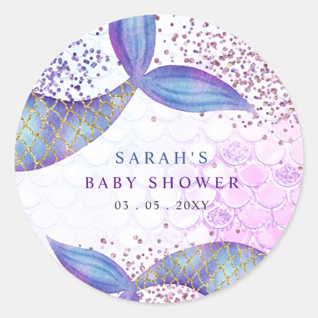 Purple Glitter Mermaid Baby Shower  Classic Round Sticker (Front)
