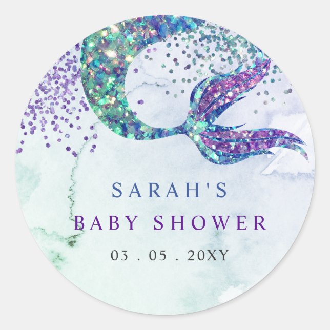 Purple Glitter Mermaid Baby Shower  Classic Round Sticker (Front)