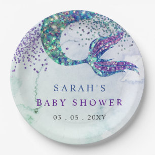 Purple Glitter Mermaid Baby Shower  Paper Plate