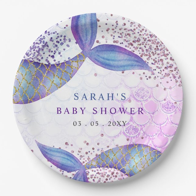 Purple Glitter Mermaid Baby Shower  Paper Plate (Front)