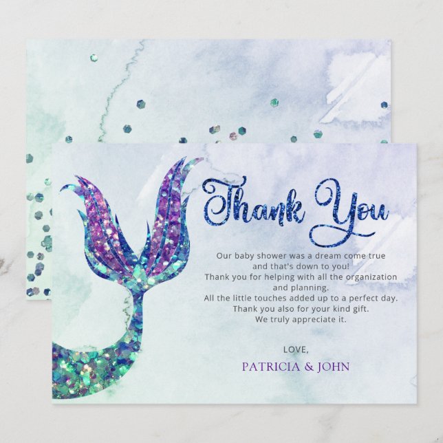 Purple Glitter Mermaid Tail Baby Shower Thank You Card (Front/Back)