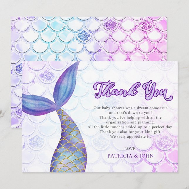 Purple Glitter Mermaid Tail Baby Shower Thank You Card (Front/Back)