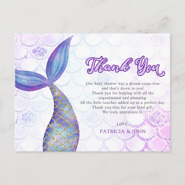 Purple Glitter Mermaid Tail Baby Shower Thank You  Postcard (Front)