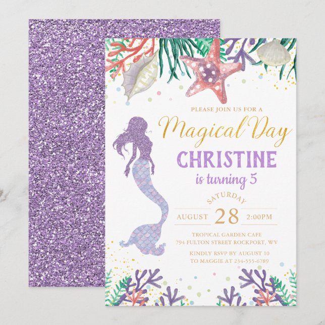 Purple Glitter Mermaid Under The Sea Birthday Invitation (Front/Back)