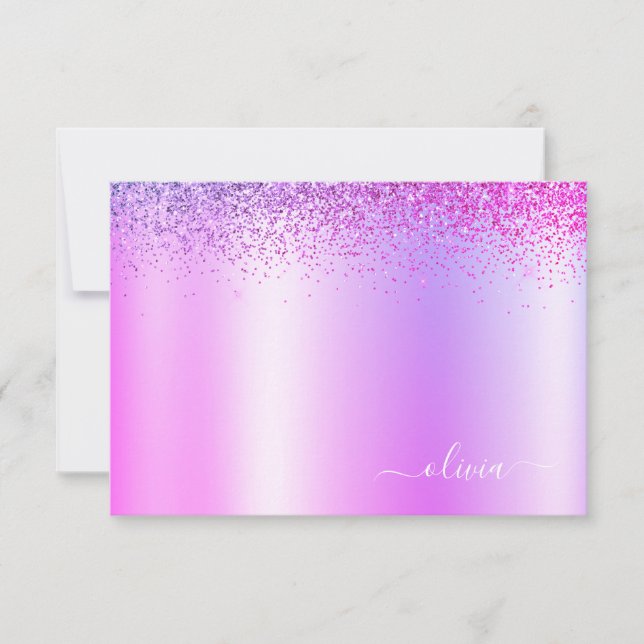 Purple Glitter Metal Monogram Glam Name Thank You Card (Front)