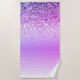 Purple Glitter Metal Monogram Name Beach Towel