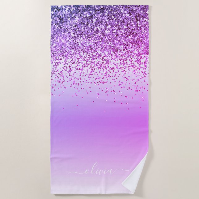 Purple Glitter Metal Monogram Name Beach Towel (Front)