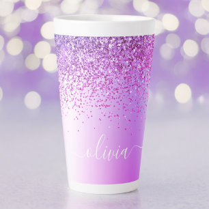 Purple Glitter Metal Monogram Name Latte Mug