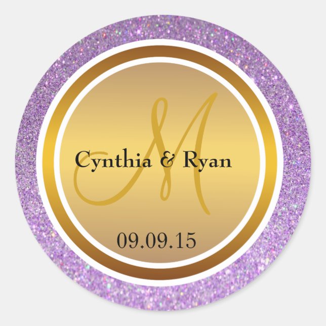 Purple Glitter & Metallic Gold Wedding Monogram Classic Round Sticker (Front)