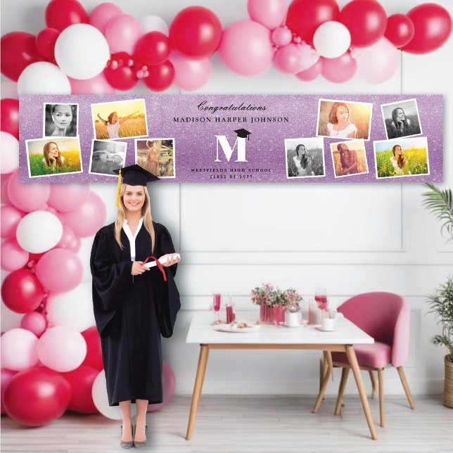 Purple Glitter Monogram 10 Photo Graduation Party Banner (Purple Glitter Name Monogram Stylish 10 Photo Graduation Party Banner @ www.zazzle.com/color_therapy)