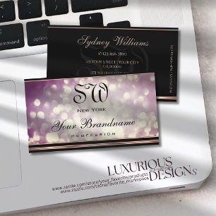 Purple Glitter Monogram Black Rose Gold Border Business Card