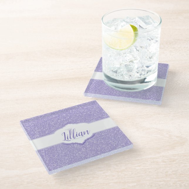 Purple Glitter Monogram Glass Coaster (Angled)