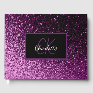 Purple glitter monogram Graduation party Guest Book