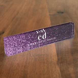 Purple glitter monogram initials luxury nameplate