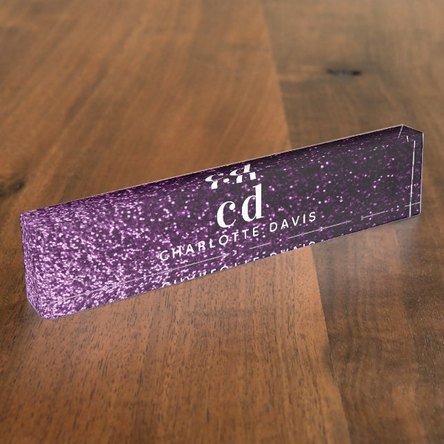 Purple glitter monogram initials luxury nameplate (Side)