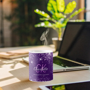 Purple glitter monogram initials name script coffee mug