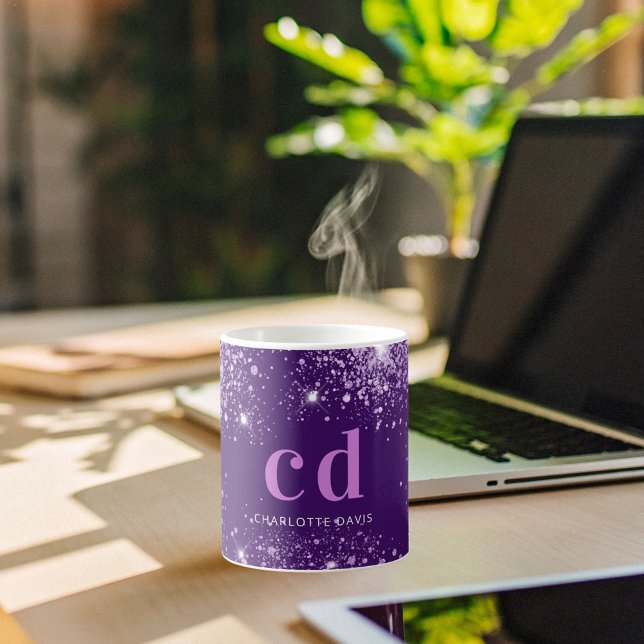 Purple glitter monogram name coffee mug (Creator Uploaded)