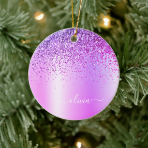 Purple Glitter Monogram Name Luxury Girly Ceramic Tree Decoration