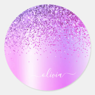 Purple Glitter Monogram Name Luxury Girly Classic Round Sticker