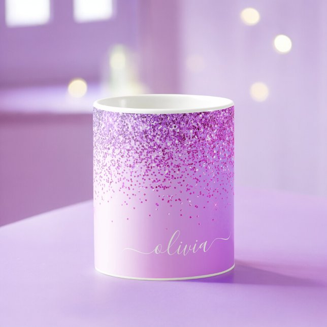 Purple Glitter Monogram Name Luxury Girly Coffee Mug (Creator Uploaded)
