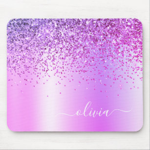 Purple Glitter Monogram Name Luxury Girly Mouse Mat