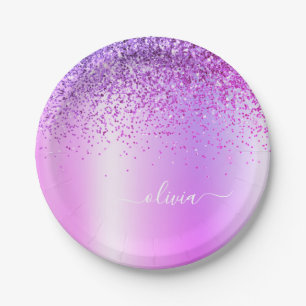 Purple Glitter Monogram Name Luxury Girly Paper Plate