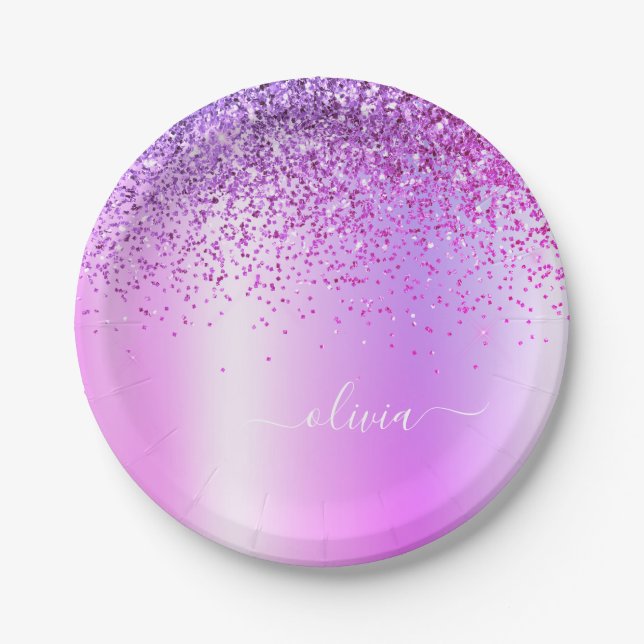 Purple Glitter Monogram Name Luxury Girly Paper Plate (Front)