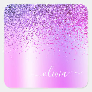 Purple Glitter Monogram Name Luxury Girly Square Sticker