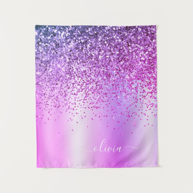 Purple Glitter Monogram Name Luxury Girly Tapestry (Front)