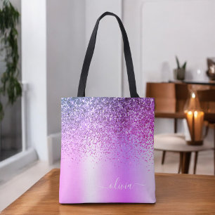 Purple Glitter Monogram Name Luxury Girly Tote Bag