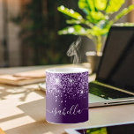 Purple glitter name script coffee mug<br><div class="desc">A stylish purple background,  decorated with faux glitter dust.  Personalise and add your name written with a trendy hand lettered style script with swashes.
To keep the swashes only delete the sample name,  leave the spaces or emoji's in front and after the name.</div>