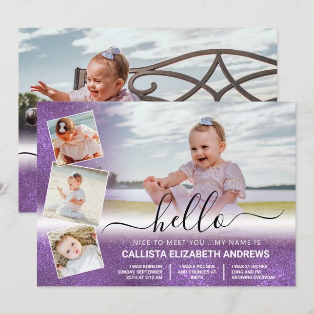 Purple Glitter Ombre Birth Photo Collage Announcement (Front/Back)