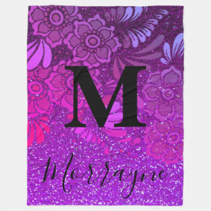 Purple Glitter Ombre Boho Chic Floral Monogram Fleece Blanket