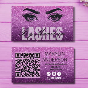 Purple Glitter Ombre Lash Business with QR Code Card