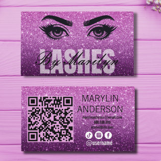 Purple Glitter Ombre Lash Business with QR Code Card