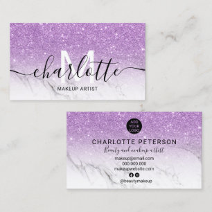 Purple glitter ombre marble name makeup logo business card
