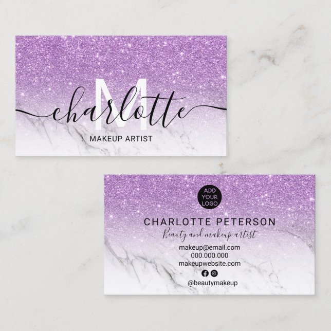 Purple glitter ombre marble name makeup logo business card (Front/Back)